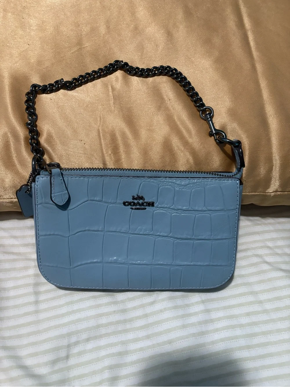 Coach Light Blue Croc-Embossed Leather Mini Shoulder Bag
